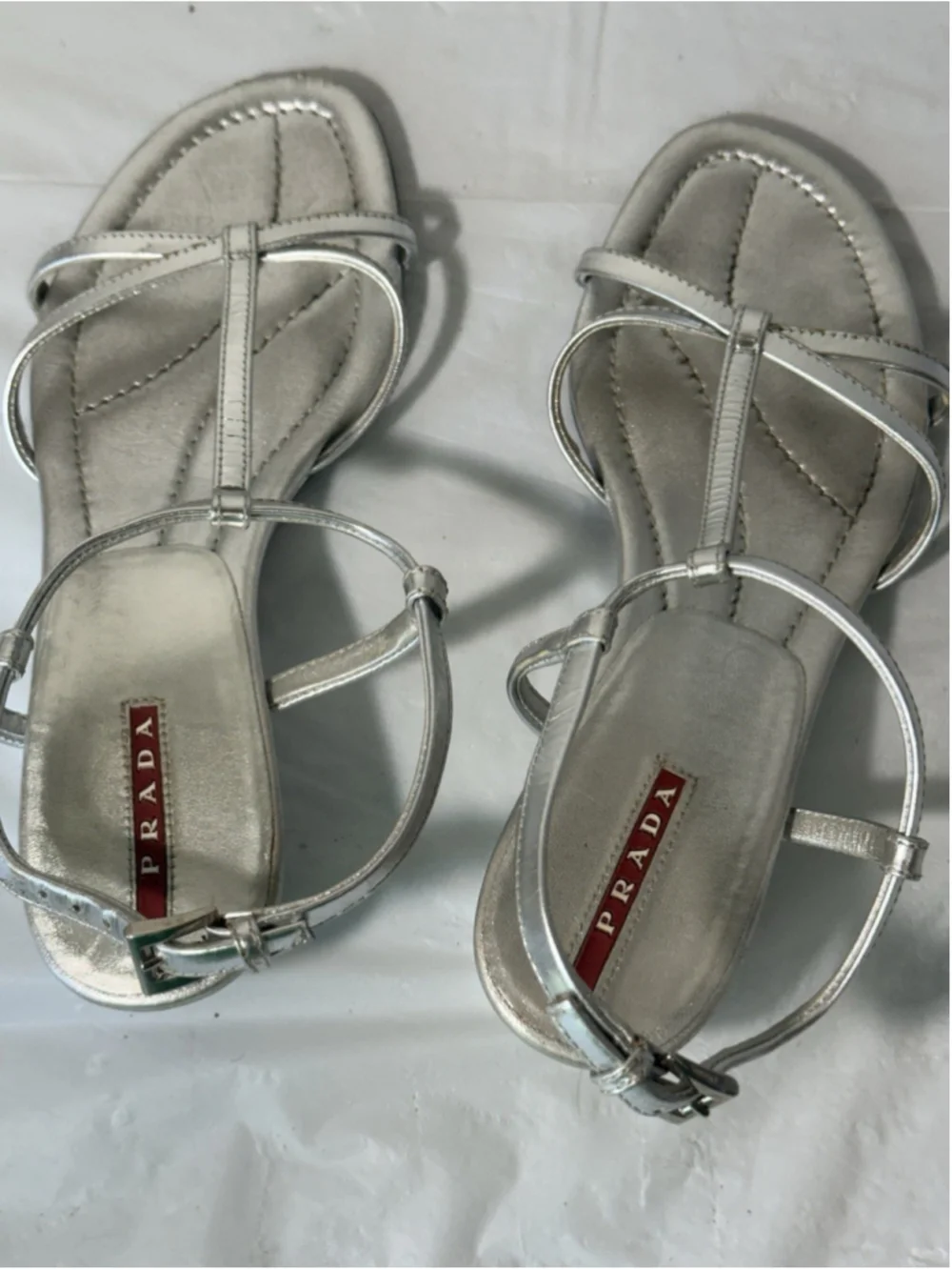 PRADA, Wedge Sandals, Silver Leather, size 6 1/2